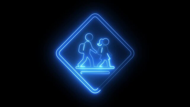 glowing neon School zone warning sign icon featuring an adult and child pedestrian with backpacks crossing. School zone pedestrian crossing warning sign for traffic symbol and road safety. 4k video.