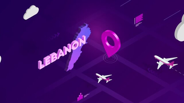 Isometric Design, Lebanon Map Silhouette Location Pin and Airplanes on Purple Animation, Travel Background