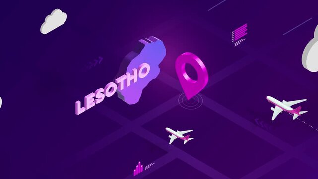 Isometric Design, Lesotho Map Silhouette Location Pin and Airplanes on Purple Animation, Travel Background