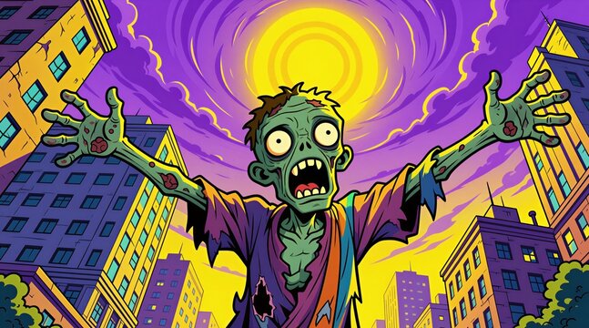 Cartoon zombie screams with arms outstretched in a vibrant city at dawn. Buildings tower under a dramatic purple sky with a bright yellow sun. The undead creature embodies horror and chaos.