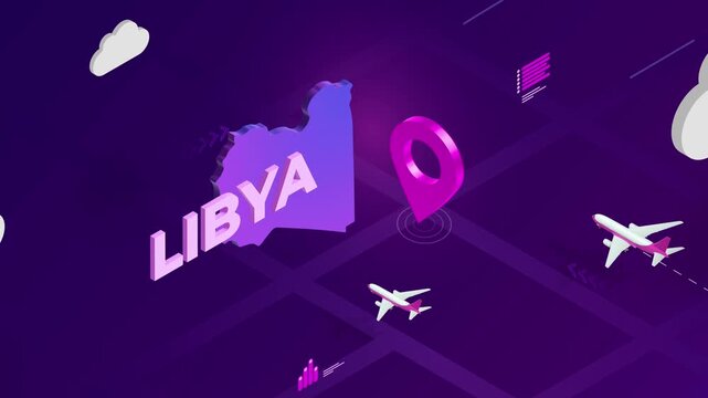 Isometric Design, Libya Map Silhouette Location Pin and Airplanes on Purple Animation, Travel Background