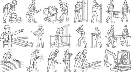 Obraz premium Construction silhouettes showing workers stacking bricks welding sawing hammering and operating heavy equipment