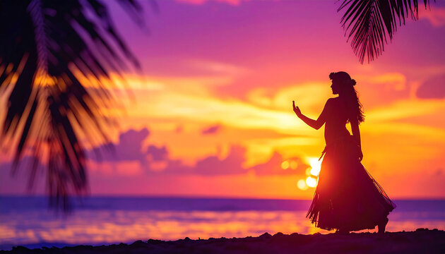 夕暮れのビーチで踊るフラダンサーのシルエット　南国の海と色鮮やかな夕焼け空が広がるリゾート地の情景　旅行パンフレットやWebサイトのバナー広告に活用できる美しい風景写真素材
