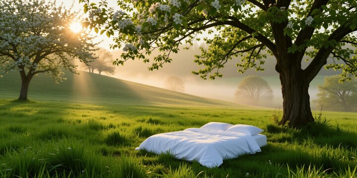 Double bed with white linen stands in green grassy meadow at sunrise. Bright sun rays shine through blooming trees in spring park. Soft fog covers countryside landscape. Surreal scene creates
