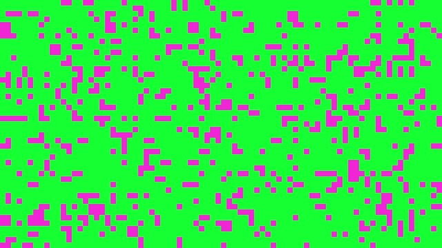 Seamlessly looping motion graphics of pink square blocks appearing and shifting at random across a bright green chroma key background in an 8 bit retro computer style.
