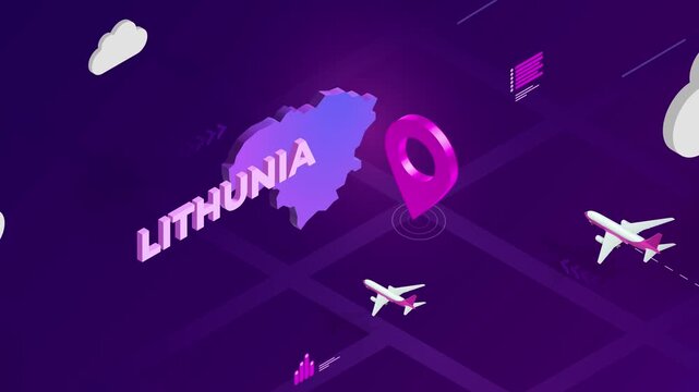 Isometric Design, Lithunia Map Silhouette Location Pin and Airplanes on Purple Animation, Travel Background