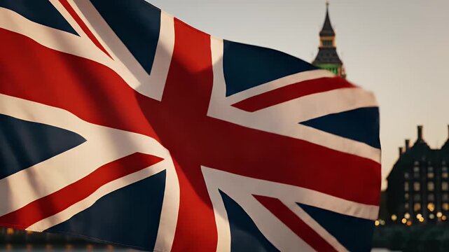 The Union Jack flag waves in the foreground with Big Ben visible in the blurred background.