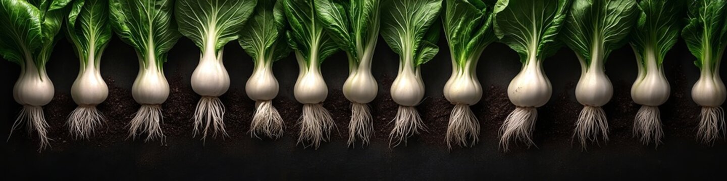 Fresh Raw Whole Bok Choy Vegetables Arranged in a Row on a Dark Soil Texture Background High Res