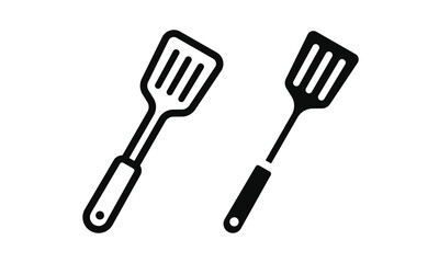 Spatula kitchen utensil icon vector set with cooking flipper silhouette and line outline style isolated on white background © Sayed
