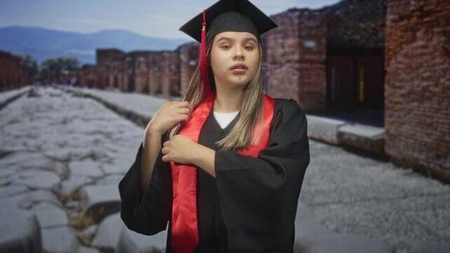 Young woman in graduation cap and gown with red sash adjusts hair with hand on a cobbled historic street in ancient ruins; pride achievement future.
