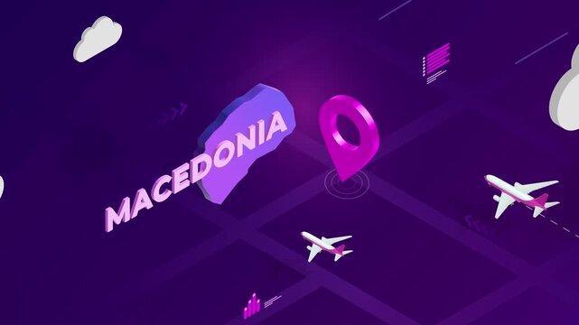 Isometric Design, Macedonia Map Silhouette Location Pin and Airplanes on Purple Animation, Travel Background