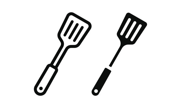 Spatula kitchen utensil icon vector set with cooking flipper silhouette and line outline style isolated on white background