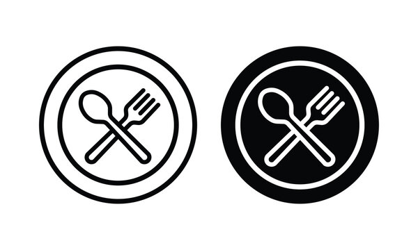 Plate spoon and fork restaurant icon vector set with crossed cutlery silhouette and line outline isolated on white background