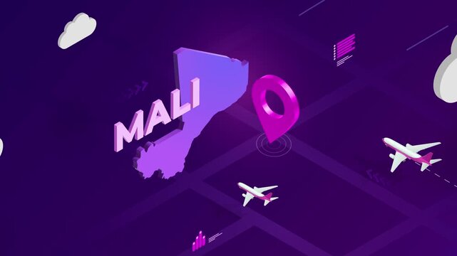 Isometric Design, Mali Map Silhouette Location Pin and Airplanes on Purple Animation, Travel Background