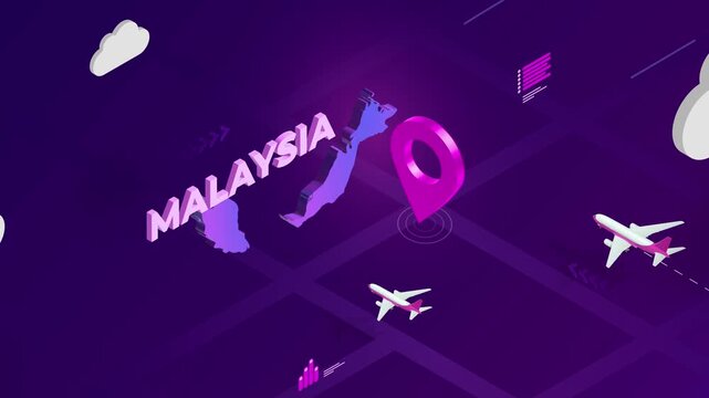 Isometric Design, Malaysia Map Silhouette Location Pin and Airplanes on Purple Animation, Travel Background