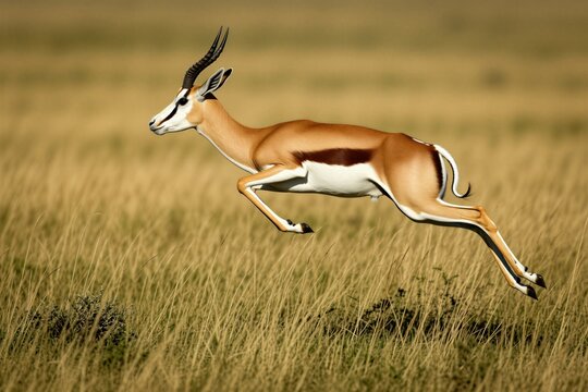 Adult springbok antelope leaps through tall dry grass in African savannah. Wild animal jumps high in sunny wilderness landscape. Dynamic mammal moves fast across plains during migration. Herbivore