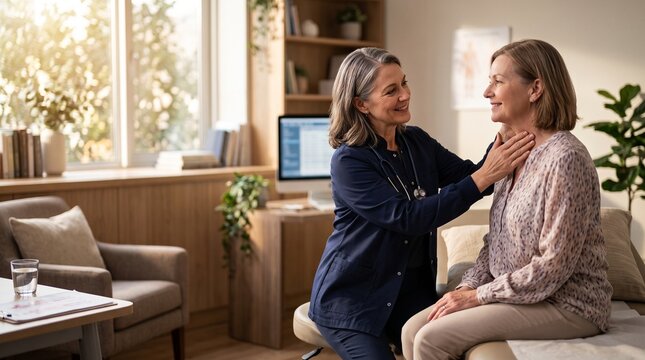Oncologist performing a physical exam during a follow-up appointment, modern and humanized environment, doctor calmly conversing while conducting clinical evaluation.