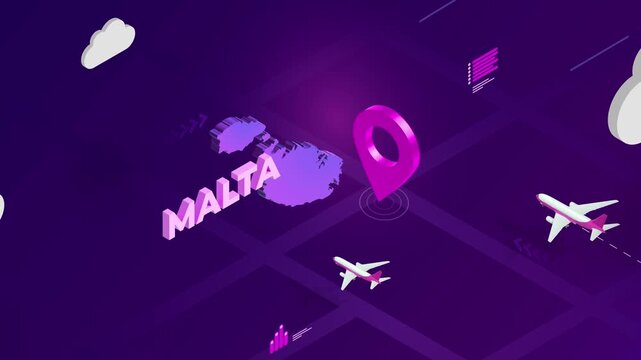 Isometric Design, Malta Map Silhouette Location Pin and Airplanes on Purple Animation, Travel Background