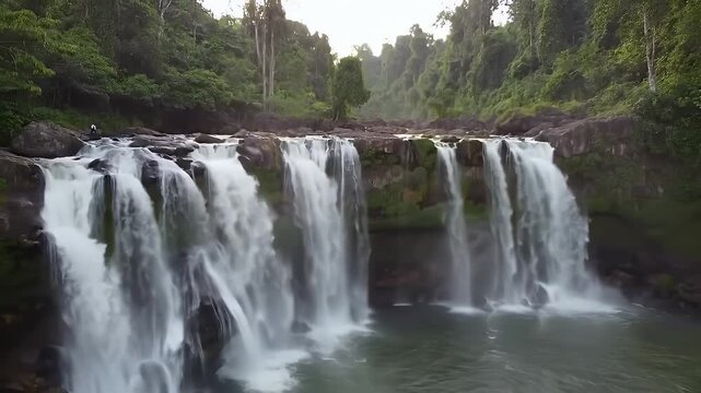 A majestic waterfall cascades down rocky cliffs surrounded by lush green forest.
