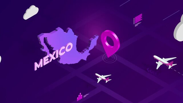 Isometric Design, Mexico Map Silhouette Location Pin and Airplanes on Purple Animation, Travel Background