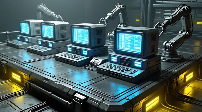 Retro computers with glowing blue screens sit in futuristic laboratory. Robotic arms hover near workstations, suggesting automation in sci-fi setting. Scene features industrial design, advanced tech.