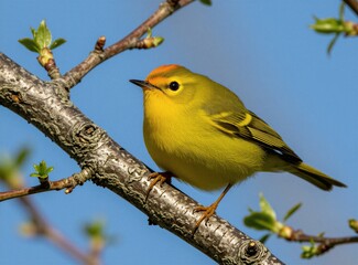 Obraz premium Small orange crowned warbler sits on tree branch. Bright yellow bird with orange head patch rests outdoors in spring season. Beautiful wild creature perches on twig against blue sky. Cute avian