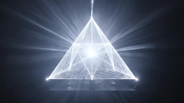 A complex geometric pyramid structure illuminated by bright white light beams in a dark, smoky environment.