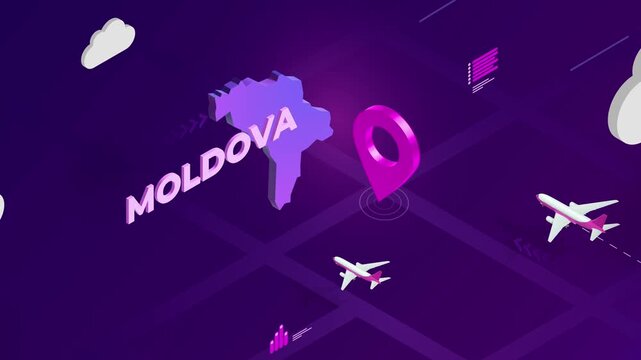 Isometric Design, Moldova Map Silhouette Location Pin and Airplanes on Purple Animation, Travel Background