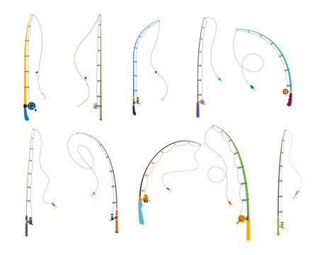 A set of cartoon style fishing rods including different types of fishing rods, spinning rods, reels, hooks and floats on a white background