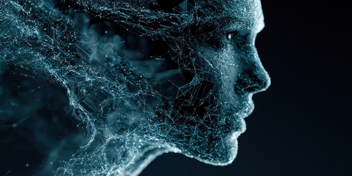 Digital human face made of network connections and data particles, representing artificial intelligence, machine learning, and future technology