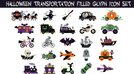 Fototapeta premium Halloween Transportation Filled Glyph Icon Set Flat Vector Collection with Witch Broom Ghost Car and Spooky Vehicles