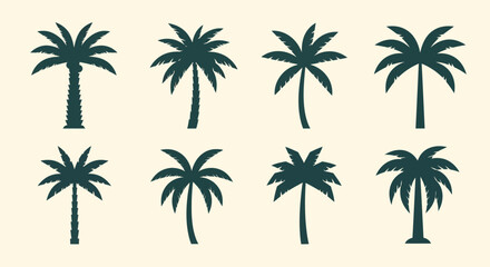 Fototapeta premium collection of eight stylized silhouette palm trees on a light background