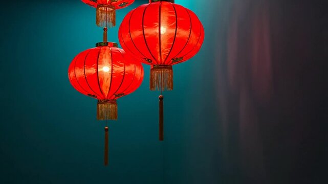 Bright red Chinese lanterns hanging in front of a teal background with shadows, creating an inviting festive ambiance