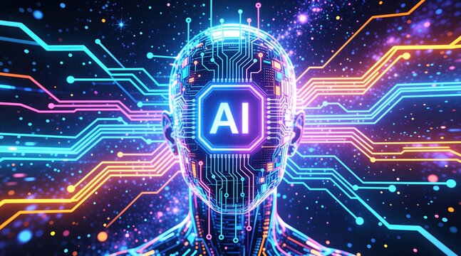 Glowing human head silhouette made of circuit boards with neon light patterns on dark background. Artificial intelligence concept displays digital network connections, neural brain data processing.