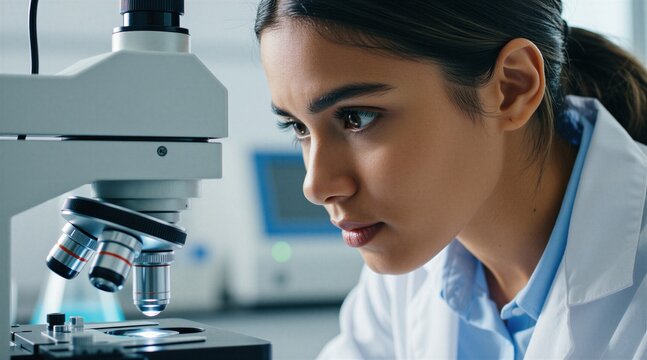 Young woman scientist uses microscope in modern lab for cancer research. Pro female doctor in white coat conducts clinical trial experiment. Expert researcher looks through lens during medical