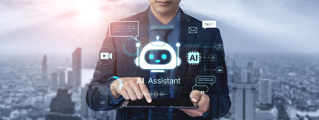 Obraz premium Futuristic AI assistant with autonomous agent capabilities, AI natural language understanding, and seamless business workflow AI integration. AI for modern productivity and tech solutions. Corpus