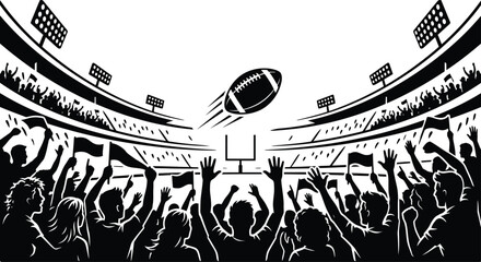 American football stadium cheer crowd silhouette vector illustration, flying football and goalpost with cheering fans isolated on white background © Rekha