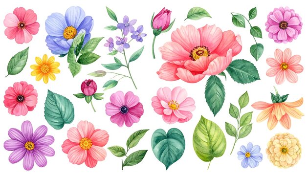 Colorful floral pattern with pink and blue flowers and green leaves.