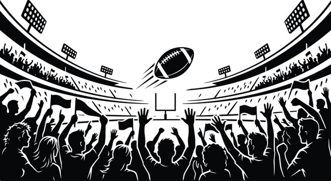 American football stadium cheer crowd silhouette vector illustration, flying football and goalpost with cheering fans isolated on white background