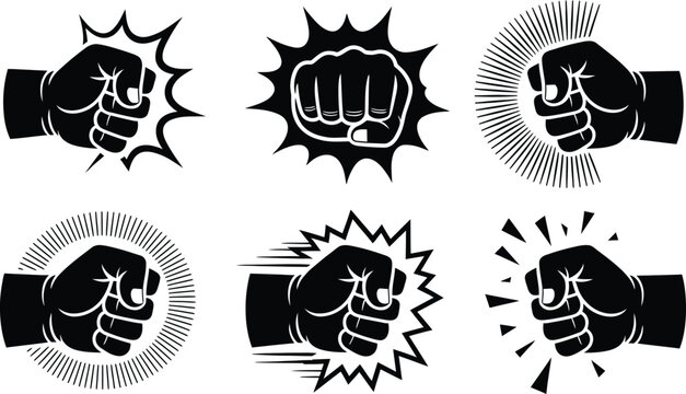 fist punching icons with comic book impact effects and motion line