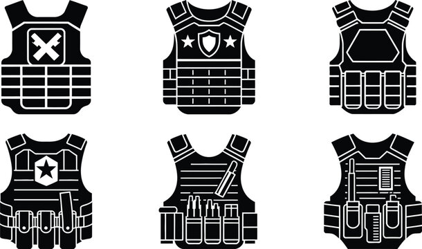 Tactical military bulletproof vest and police body armor  silhouette icon vector