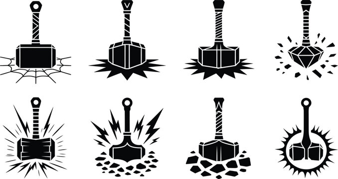 Heavy Hammer Impacts, Norse Mythology Mjolnir Silhouette Icon