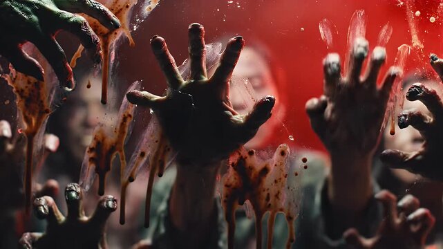 Horror image of zombie hands reaching out with blood splatter.