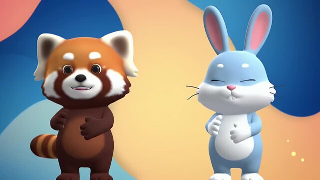 A cute 3D animated red panda and a blue bunny stand side by side against a colorful background.