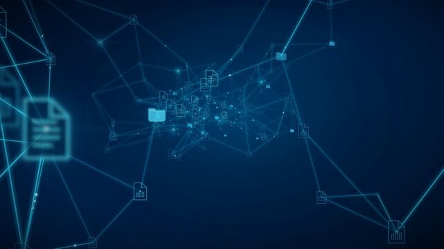 Abstract digital network background with connected nodes and floating document data icons