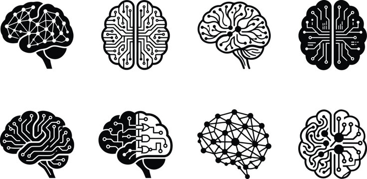 Artificial intelligence brain icons set, digital neural network and circuit board brain symbols, 8 black vector illustrations for technology and science
