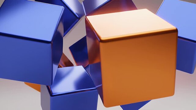 A dynamic arrangement of orange and blue metallic cubes floating in a gradient background.