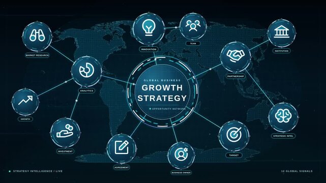 Global business growth strategy infographic animation with connected icons over world map