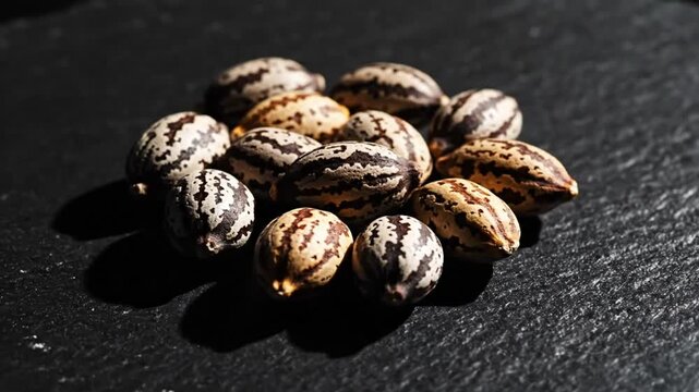 Close-up shot of castor bean seeds arranged on a textured black surface with shadows