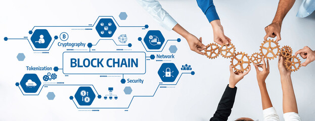 Obraz premium This image showcases hands connecting gears, symbolizing collaboration in blockchain technology, focusing on security, cryptography, and tokenization in a modern business setting. Amity